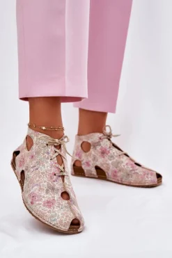 New Maciejka Wzorzyste Skórzane Botki 03426-48 Beżowe Beżowy