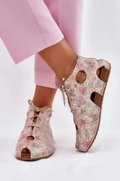 New Maciejka Wzorzyste Skórzane Botki 03426-48 Beżowe Beżowy