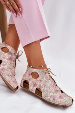 New Maciejka Wzorzyste Skórzane Botki 03426-48 Beżowe Beżowy