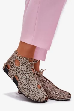 Outlet Wzorzyste Skórzane Botki 03426-49 Panterka Damskie Sandały Płaskie|Botki Wiosenne