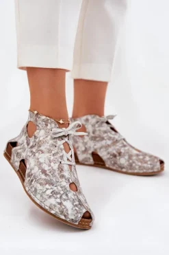 New Maciejka Wzorzyste Skórzane Botki 03426-46 Biało-Beżowe