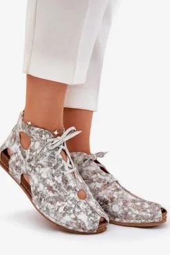 New Maciejka Wzorzyste Skórzane Botki 03426-46 Biało-Beżowe