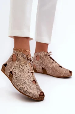 New Wzorzyste Skórzane Botki 03426-02 Beżowe Damskie Sandały Płaskie|Botki Wiosenne