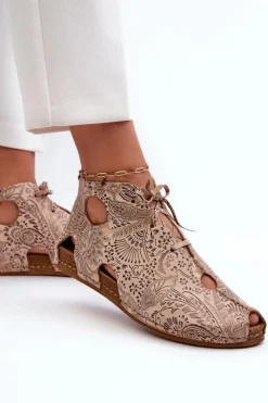 New Wzorzyste Skórzane Botki 03426-02 Beżowe Damskie Sandały Płaskie|Botki Wiosenne