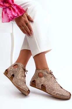 New Wzorzyste Skórzane Botki 03426-02 Beżowe Damskie Sandały Płaskie|Botki Wiosenne