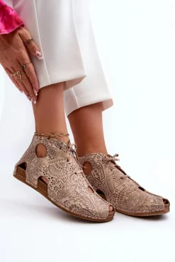 New Wzorzyste Skórzane Botki 03426-02 Beżowe Damskie Sandały Płaskie|Botki Wiosenne