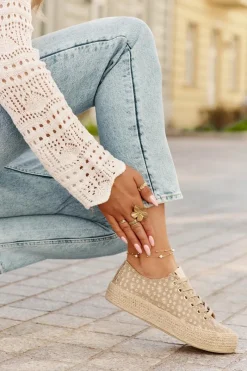 Lee Cooper Wzorzyste Trampki Damskie Na Platformie Z Plecionką LCW-25-08-3646L Khaki Beżowy