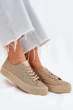 Lee Cooper Wzorzyste Trampki Damskie Na Platformie Z Plecionką LCW-25-08-3646L Khaki Beżowy