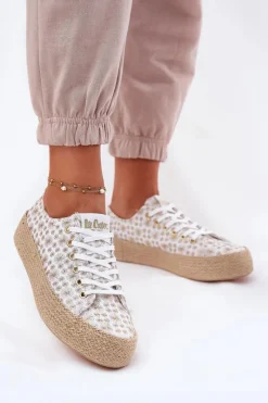 Trampki Damskie Niskie>Lee Cooper Wzorzyste Trampki Damskie Na Platformie Z Plecionką LCW-25-08-3648L Biało-Złote