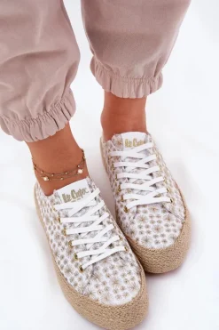 Trampki Damskie Niskie></noscript>Lee Cooper Wzorzyste Trampki Damskie Na Platformie Z Plecionką LCW-25-08-3648L Biało-Złote