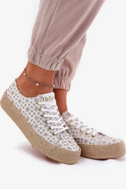 Trampki Damskie Niskie></noscript>Lee Cooper Wzorzyste Trampki Damskie Na Platformie Z Plecionką LCW-25-08-3648L Biało-Złote