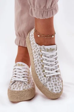Trampki Damskie Niskie></noscript>Lee Cooper Wzorzyste Trampki Damskie Na Platformie Z Plecionką LCW-25-08-3648L Biało-Złote