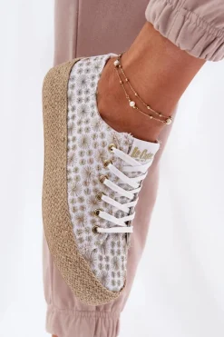 Trampki Damskie Niskie></noscript>Lee Cooper Wzorzyste Trampki Damskie Na Platformie Z Plecionką LCW-25-08-3648L Biało-Złote