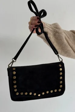 Discount Zamszowa Skórzana Torebka Z Dżetami Czarna Rhenna Listonoszki