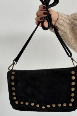 Discount Zamszowa Skórzana Torebka Z Dżetami Czarna Rhenna Listonoszki