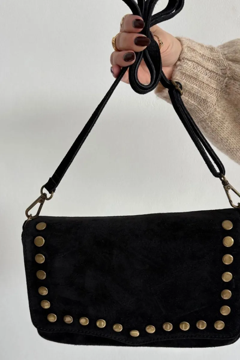 Discount Zamszowa Skórzana Torebka Z Dżetami Czarna Rhenna Listonoszki