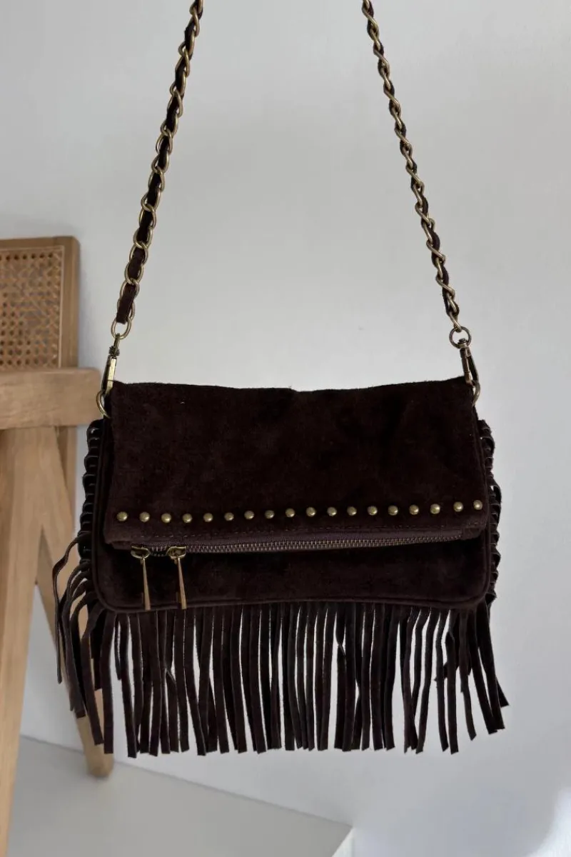 Listonoszki>Boto Zamszowa Torebka Z Frędzlami Na Łańcuszku Czekoladowa Narella Brązowy