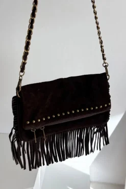 Listonoszki>Boto Zamszowa Torebka Z Frędzlami Na Łańcuszku Czekoladowa Narella Brązowy