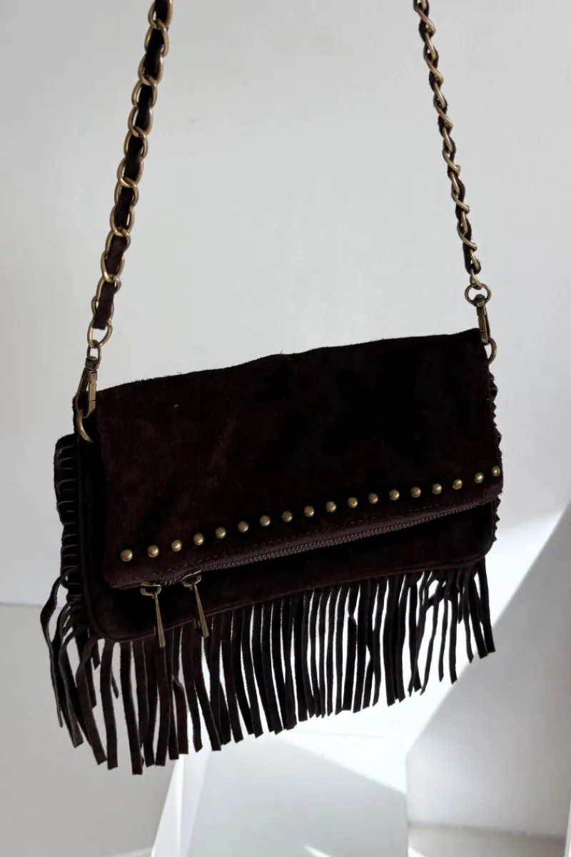 Listonoszki>Boto Zamszowa Torebka Z Frędzlami Na Łańcuszku Czekoladowa Narella Brązowy