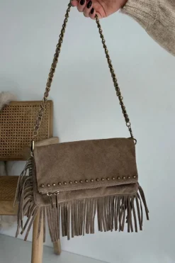 Discount Zamszowa Torebka Z Frędzlami Na Łańcuszku Ciemnobeżowa Narella Listonoszki