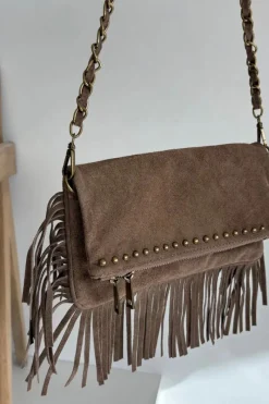 Discount Zamszowa Torebka Z Frędzlami Na Łańcuszku Ciemnobeżowa Narella Listonoszki