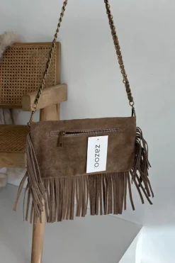 Discount Zamszowa Torebka Z Frędzlami Na Łańcuszku Ciemnobeżowa Narella Listonoszki