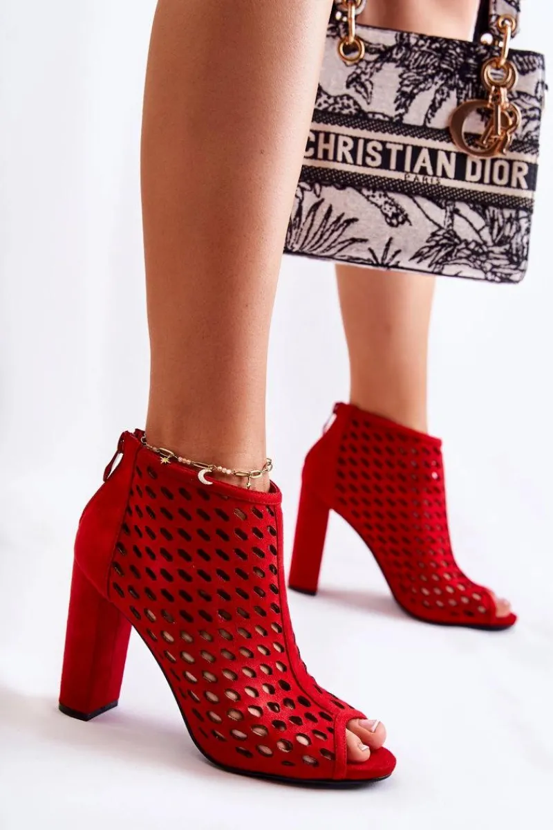 Hot Zamszowe Ażurowe Botki Czerwone Jenissa Damskie Botki Wiosenne|Botki Na Słupku