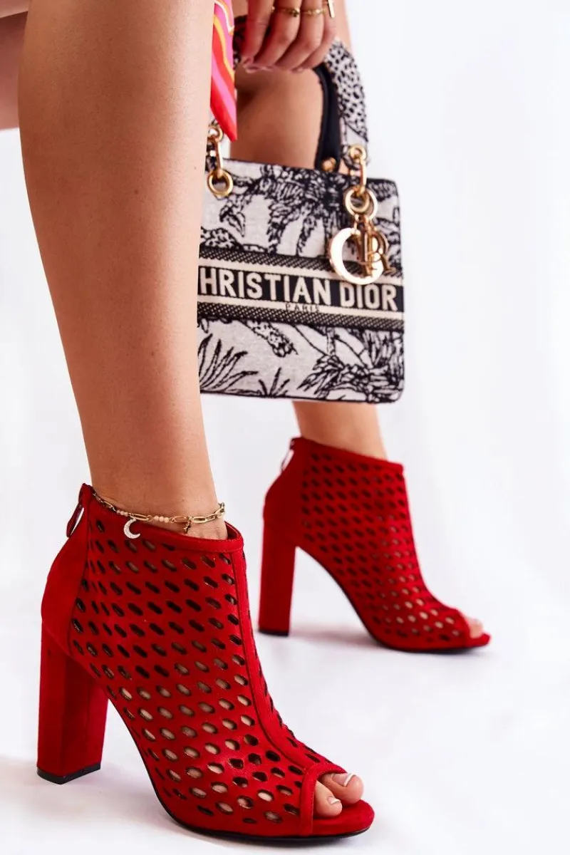 Hot Zamszowe Ażurowe Botki Czerwone Jenissa Damskie Botki Wiosenne|Botki Na Słupku