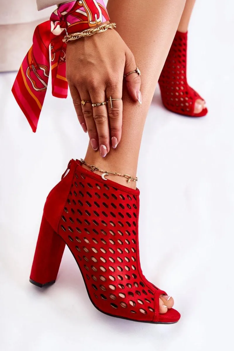 Hot Zamszowe Ażurowe Botki Czerwone Jenissa Damskie Botki Wiosenne|Botki Na Słupku