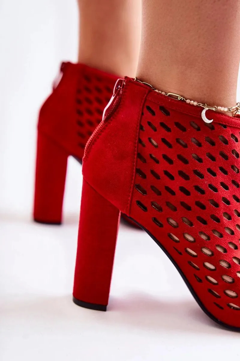 Hot Zamszowe Ażurowe Botki Czerwone Jenissa Damskie Botki Wiosenne|Botki Na Słupku