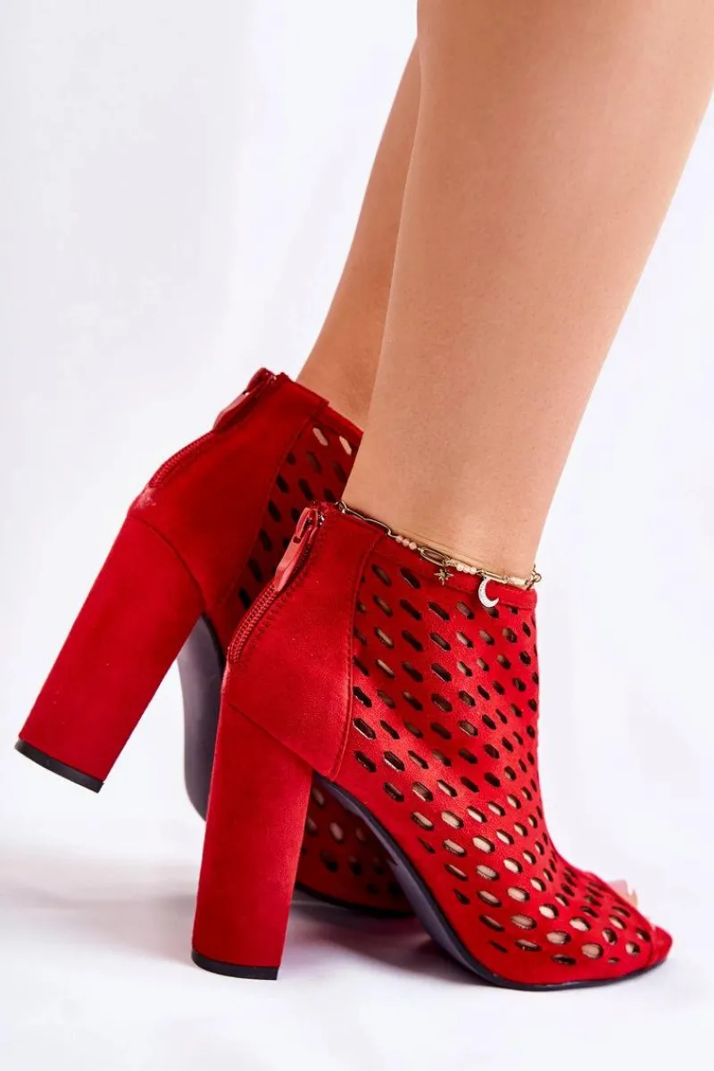Hot Zamszowe Ażurowe Botki Czerwone Jenissa Damskie Botki Wiosenne|Botki Na Słupku