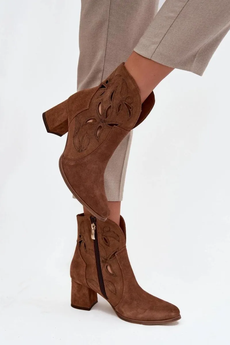 Online Zazoo Zamszowe Ażurowe Botki Damskie Na Słupku 3647 Brązowe Brązowy