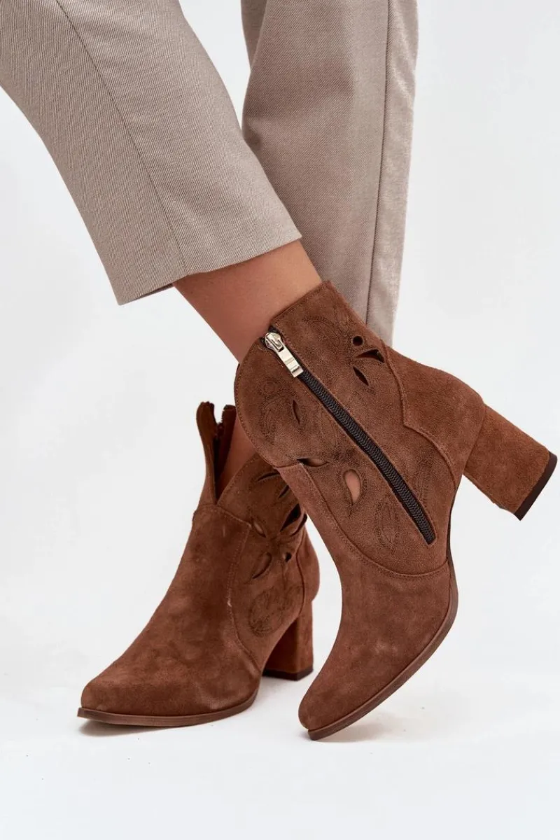 Online Zazoo Zamszowe Ażurowe Botki Damskie Na Słupku 3647 Brązowe Brązowy