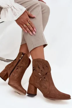 Online Zazoo Zamszowe Ażurowe Botki Damskie Na Słupku 3647 Brązowe Brązowy