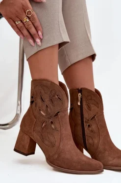 Online Zazoo Zamszowe Ażurowe Botki Damskie Na Słupku 3647 Brązowe Brązowy
