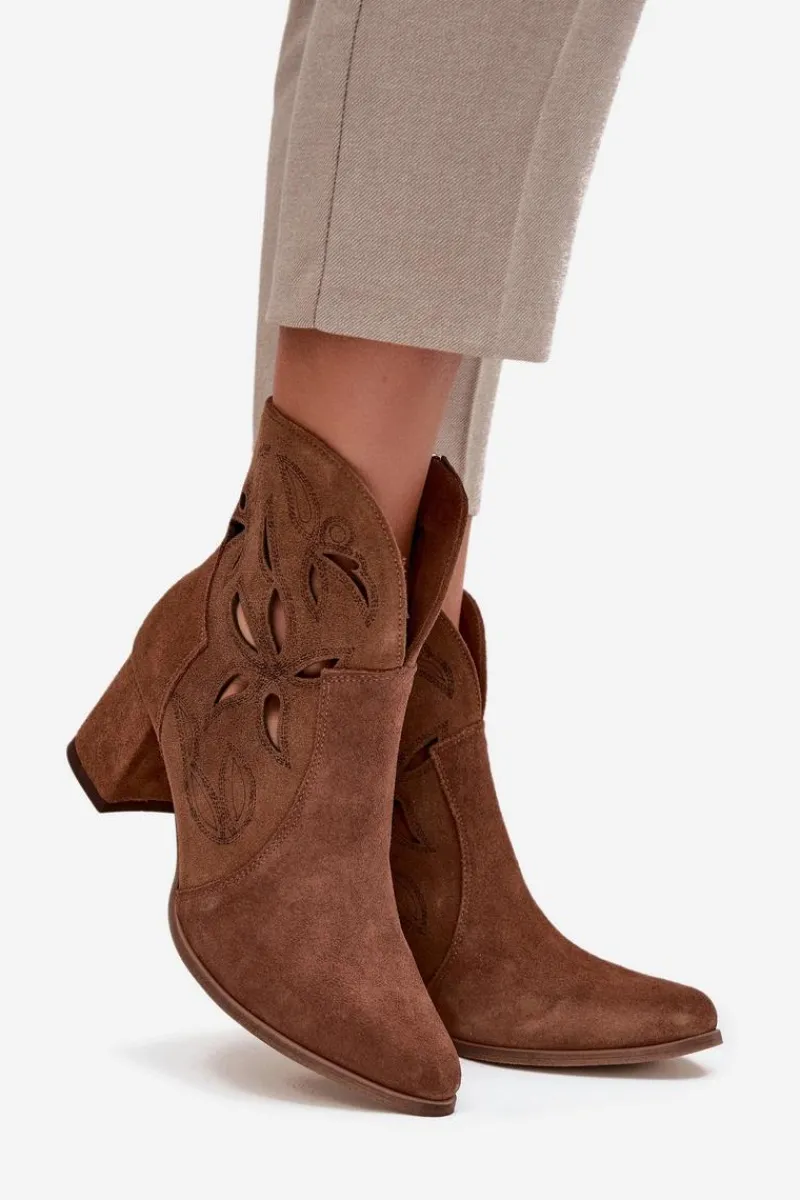 Online Zazoo Zamszowe Ażurowe Botki Damskie Na Słupku 3647 Brązowe Brązowy