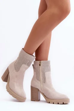 Best Boto Zamszowe Ażurowe Botki Damskie Na Słupku Jasnobeżowe Lewski 3386 Beżowy