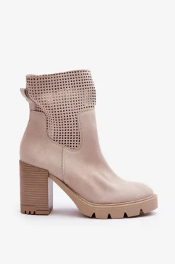 Best Boto Zamszowe Ażurowe Botki Damskie Na Słupku Jasnobeżowe Lewski 3386 Beżowy