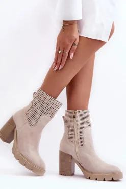 Best Boto Zamszowe Ażurowe Botki Damskie Na Słupku Jasnobeżowe Lewski 3386 Beżowy