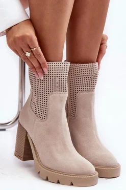 Best Boto Zamszowe Ażurowe Botki Damskie Na Słupku Jasnobeżowe Lewski 3386 Beżowy