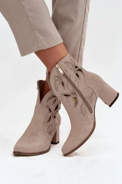Botki Skórzane|Botki Na Słupku>Zazoo Zamszowe Ażurowe Botki Damskie Na Słupku 3647 Cappuccino Beżowy