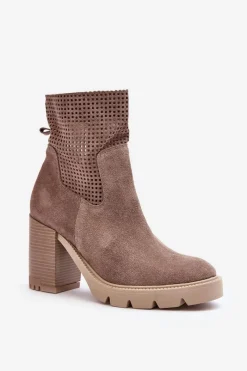 Botki Wiosenne|Botki Skórzane>Boto Zamszowe Ażurowe Botki Damskie Na Słupku Beżowe Lewski 3386