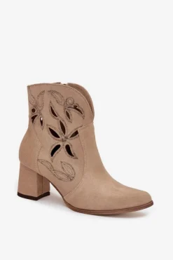 Outlet Zamszowe Ażurowe Botki Damskie Na Słupku 3647 Beżowe Damskie Botki Skórzane|Botki Na Słupku