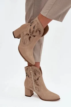 Outlet Zamszowe Ażurowe Botki Damskie Na Słupku 3647 Beżowe Damskie Botki Skórzane|Botki Na Słupku