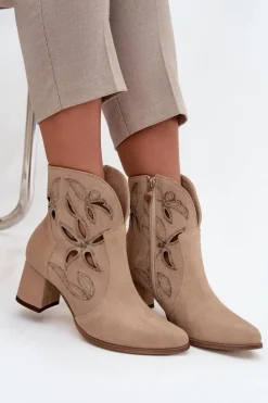 Outlet Zamszowe Ażurowe Botki Damskie Na Słupku 3647 Beżowe Damskie Botki Skórzane|Botki Na Słupku