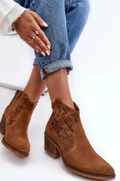 New Zamszowe Ażurowe Botki Kowbojki D&A SN622-21 Camel Damskie Botki Wiosenne|Botki Skórzane
