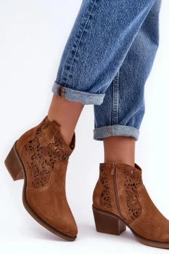 New Zamszowe Ażurowe Botki Kowbojki D&A SN622-21 Camel Damskie Botki Wiosenne|Botki Skórzane