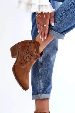 New Zamszowe Ażurowe Botki Kowbojki D&A SN622-21 Camel Damskie Botki Wiosenne|Botki Skórzane