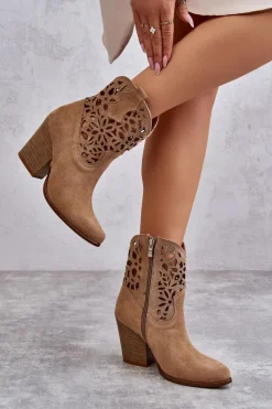 Discount Zamszowe Ażurowe Botki Kowbojki Lewski Shoes 3265 Ciemnobeżowe Damskie Botki Wiosenne|Botki Na Słupku