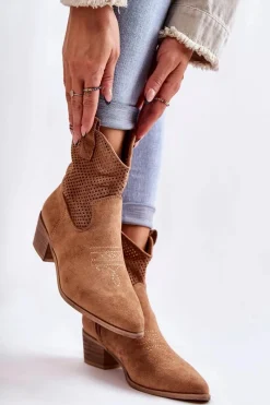 Botki Wiosenne|Botki Na Słupku>Boto Zamszowe Ażurowe Botki Kowbojki Z Przeszyciem Camel Elvire